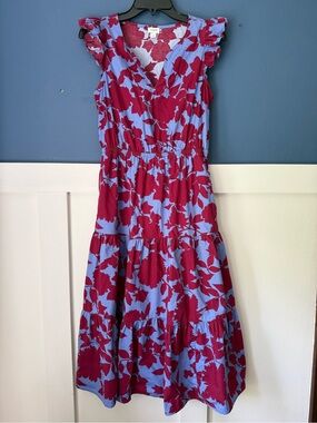 J Crew Floral Tiered V-Neck Midi Dress in Maroon/Red and Blue/Lavender